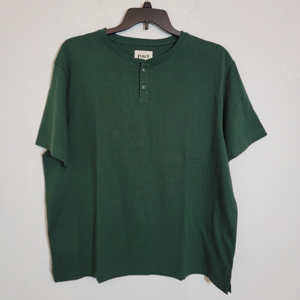 Pact 100% Organic Cotton XL Henley Shirt Short Sleeve Green Casual Slub Tee Mens